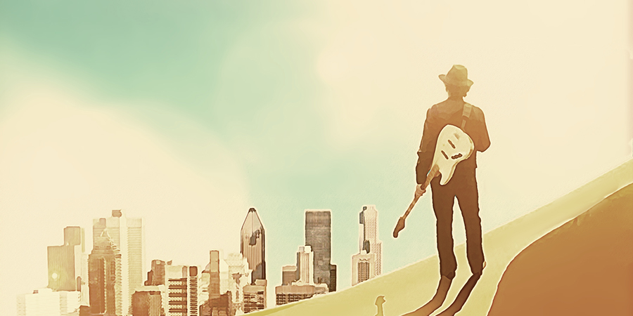 Illustration of two hatted travelers crossing a pink desert landscape