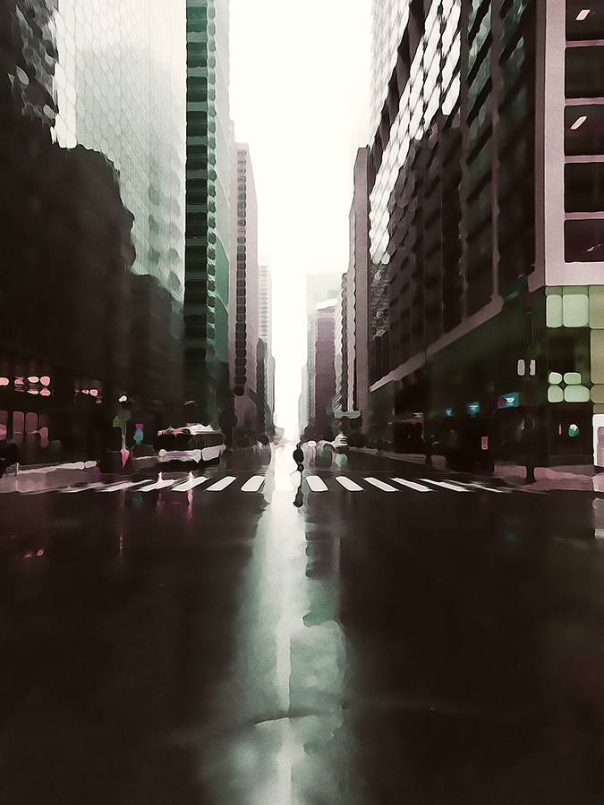 Digital painting of a rainy downtown city street at dusk