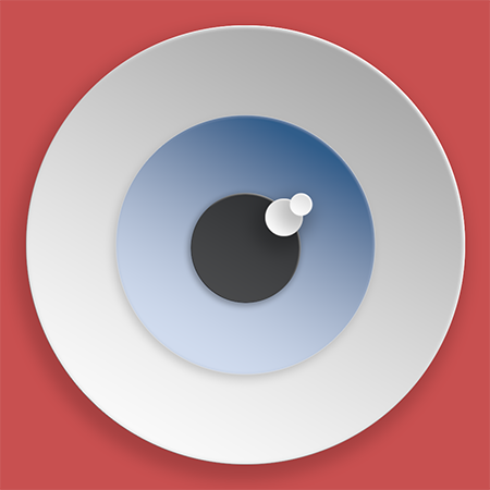 Abstract artwork of a stylized eye resting on a plate against a red background