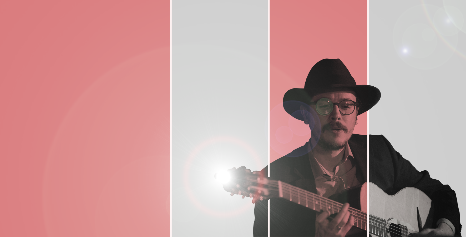 Marc Wencelius in a hat playing acoustic guitar, treated with warm terracotta and grey colour bands and a lens flare