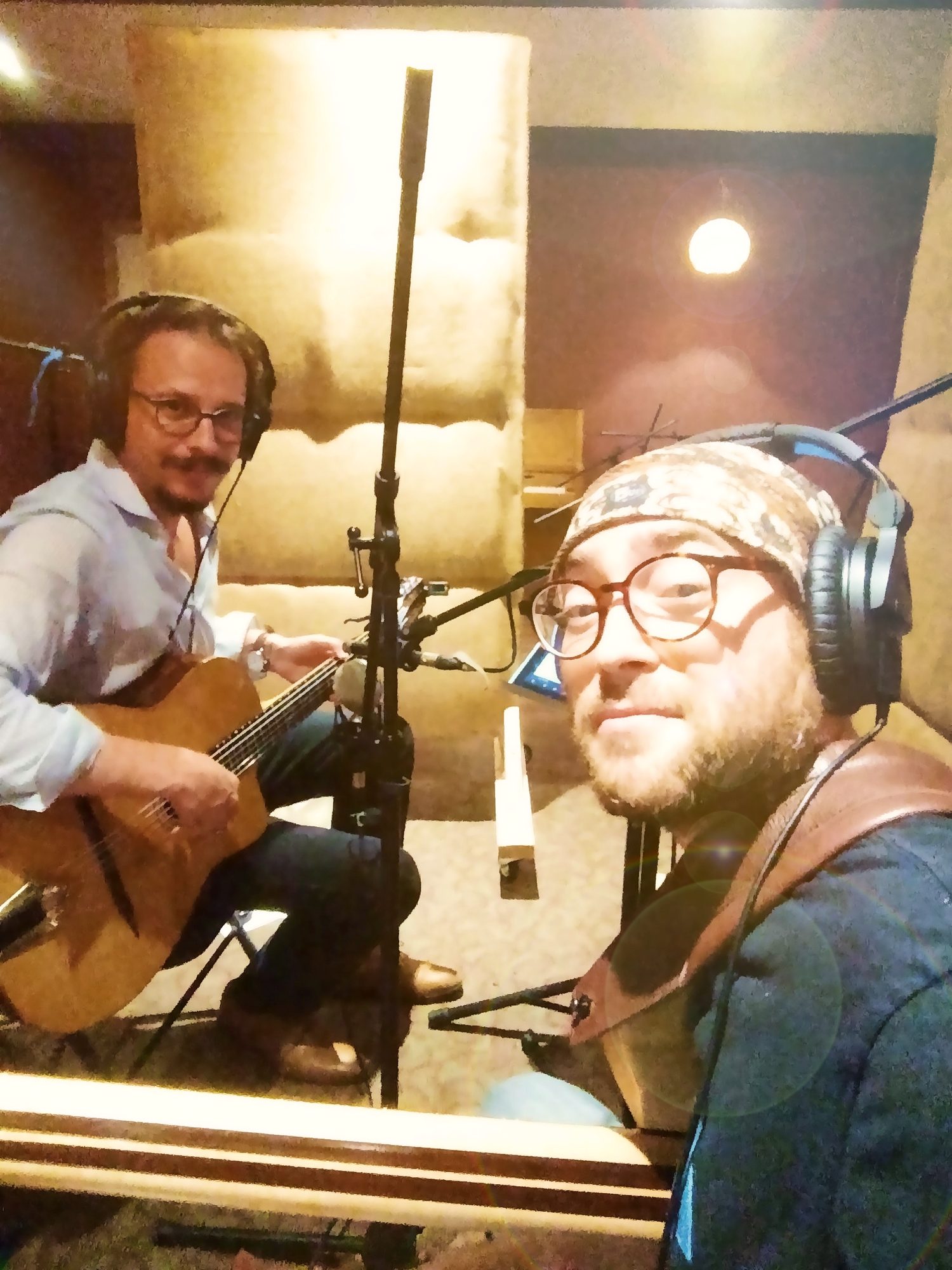 Marc Wencelius and Andrew Bruhelius during a recording studio session